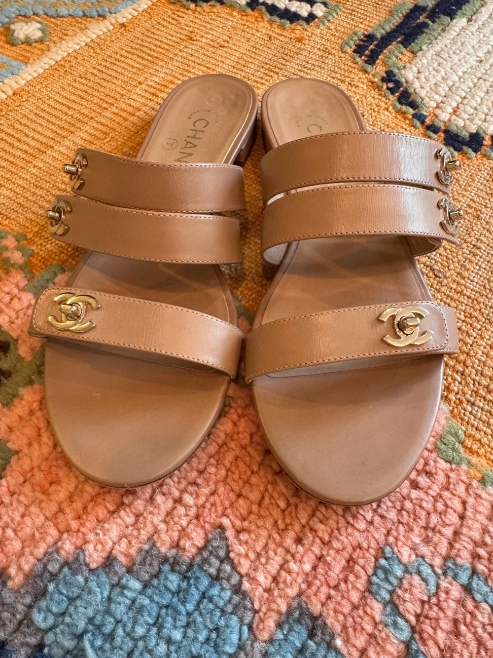 CHANEL Tan Leather Double-Strap Slide Sandals with Gold CC Accents